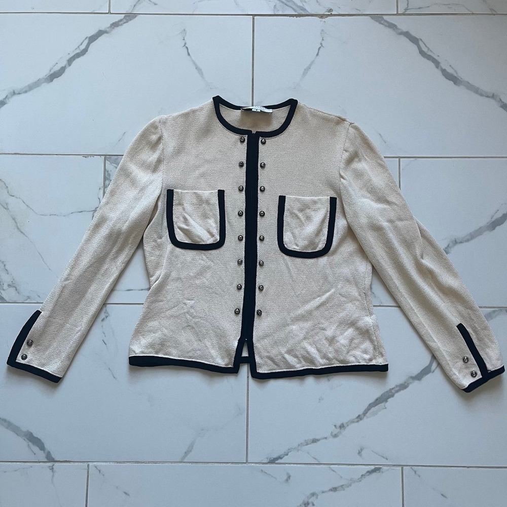 Vintage St. John Santana knit full zip sweater blazer cream black 8